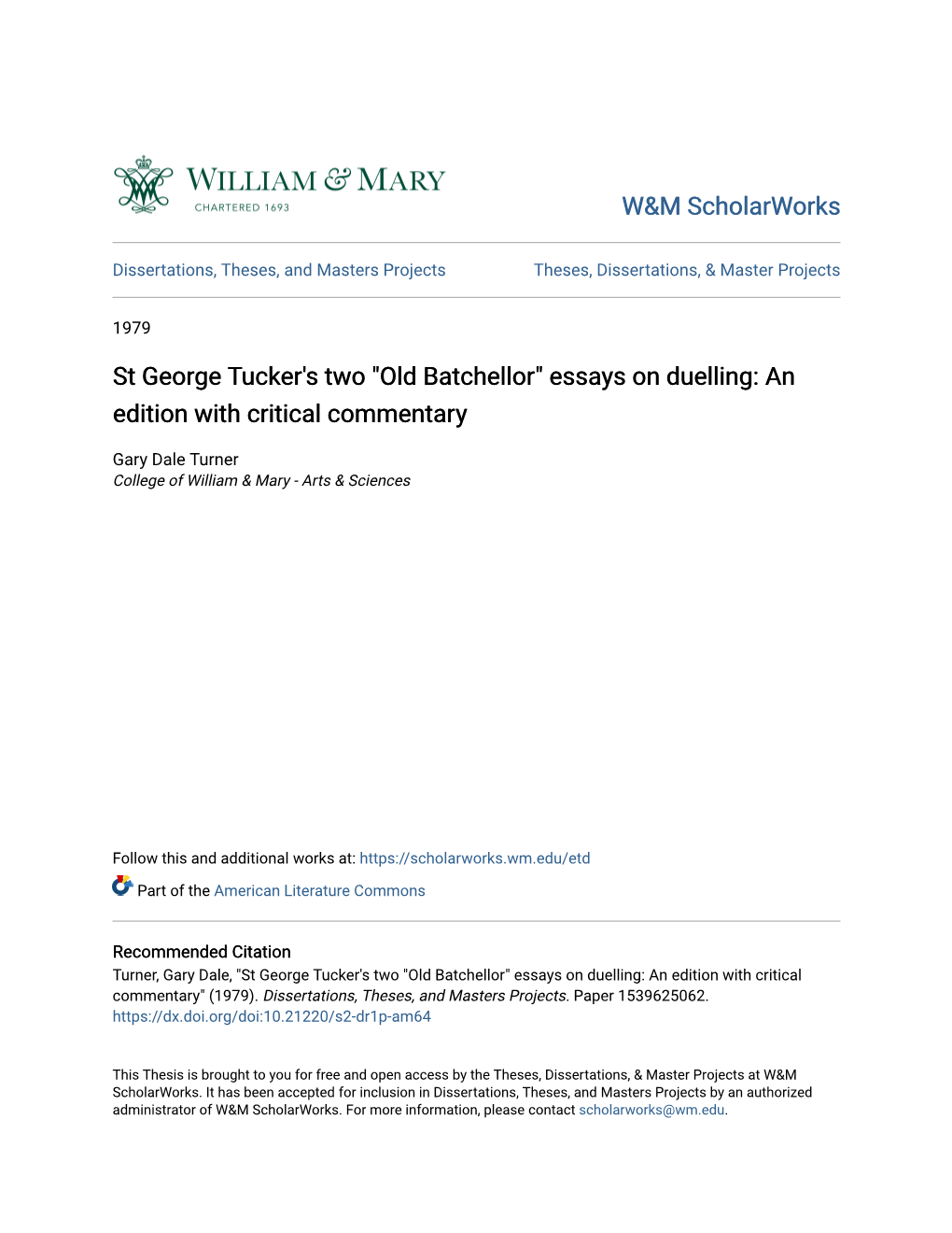 St George Tucker's Two "Old Batchellor" Essays on Duelling: an Edition with Critical Commentary