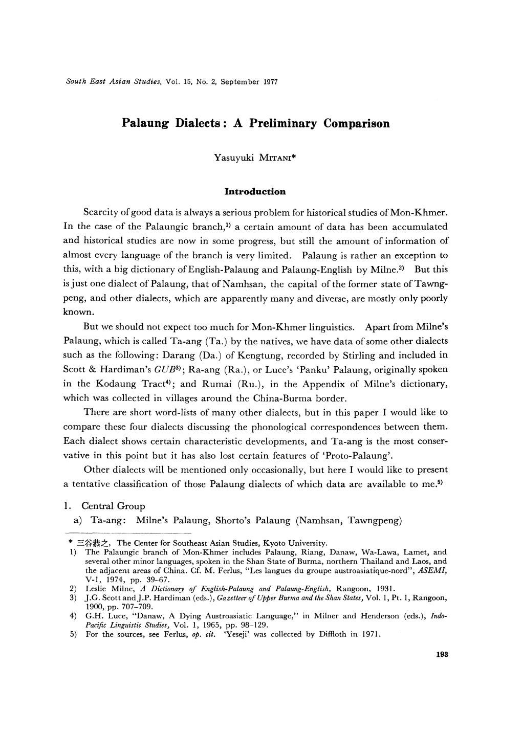Palaung Dialects: a Preliminary Comparison