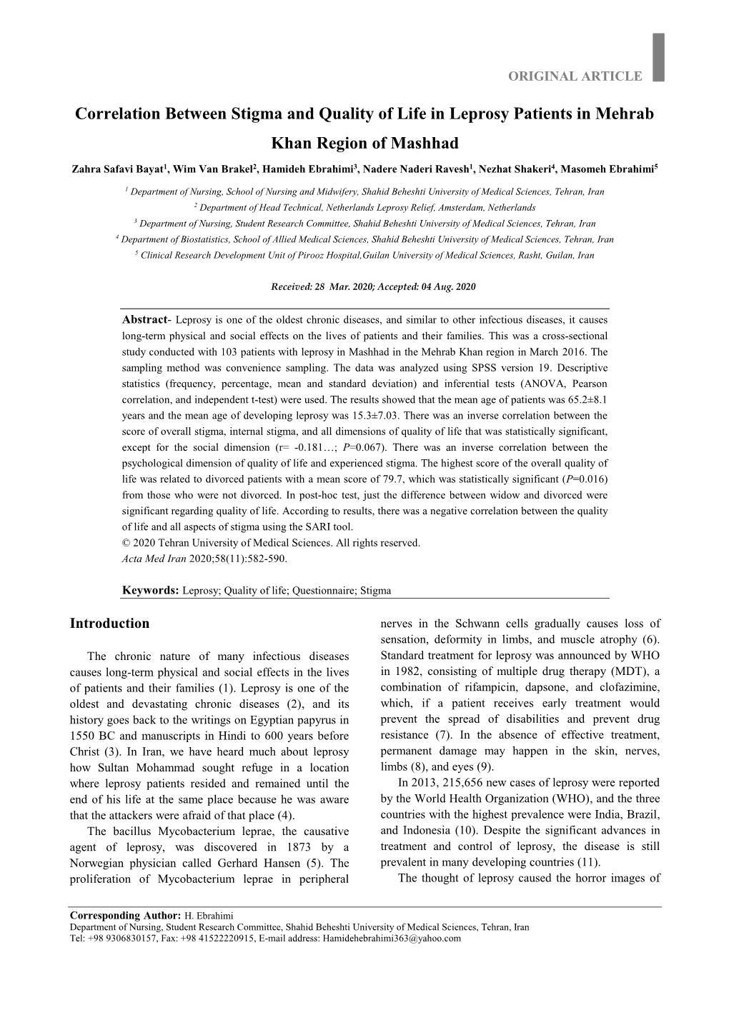 Correlation Between Stigma and Quality of Life in Leprosy Patients in Mehrab Khan Region of Mashhad