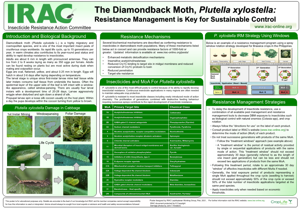 The Diamondback Moth, Plutella Xylostella: Resistance Management Is Key for Sustainable Control Insecticide Resistance Action Committee