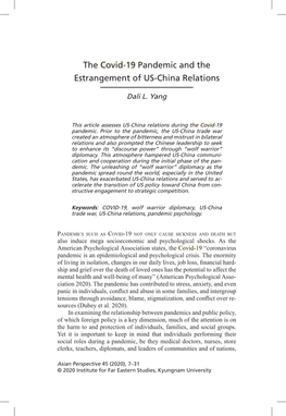 The Covid-19 Pandemic and the Estrangement of US-China Relations