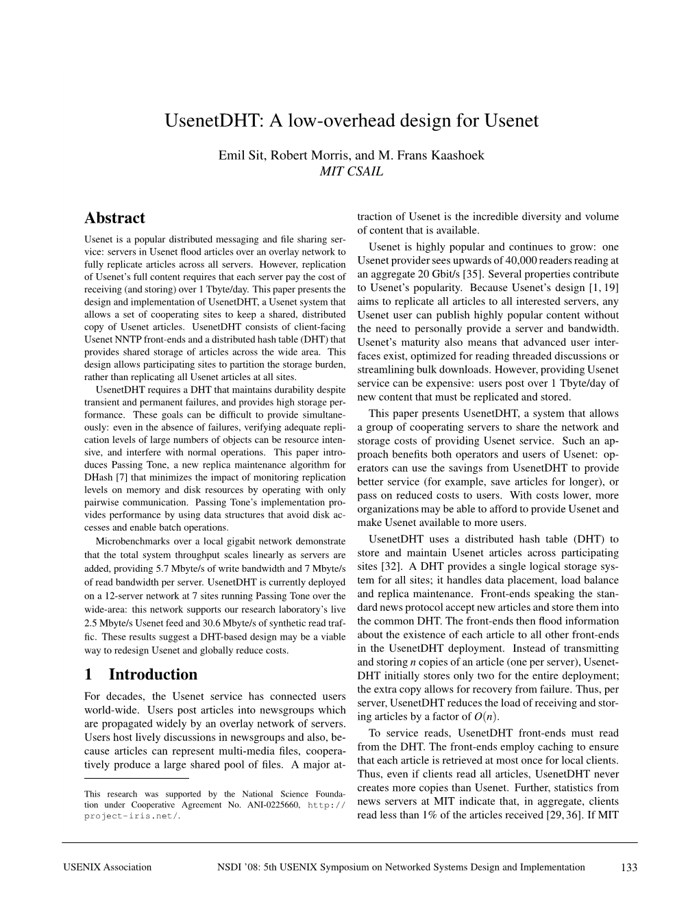 Usenetdht: a Low-Overhead Design for Usenet