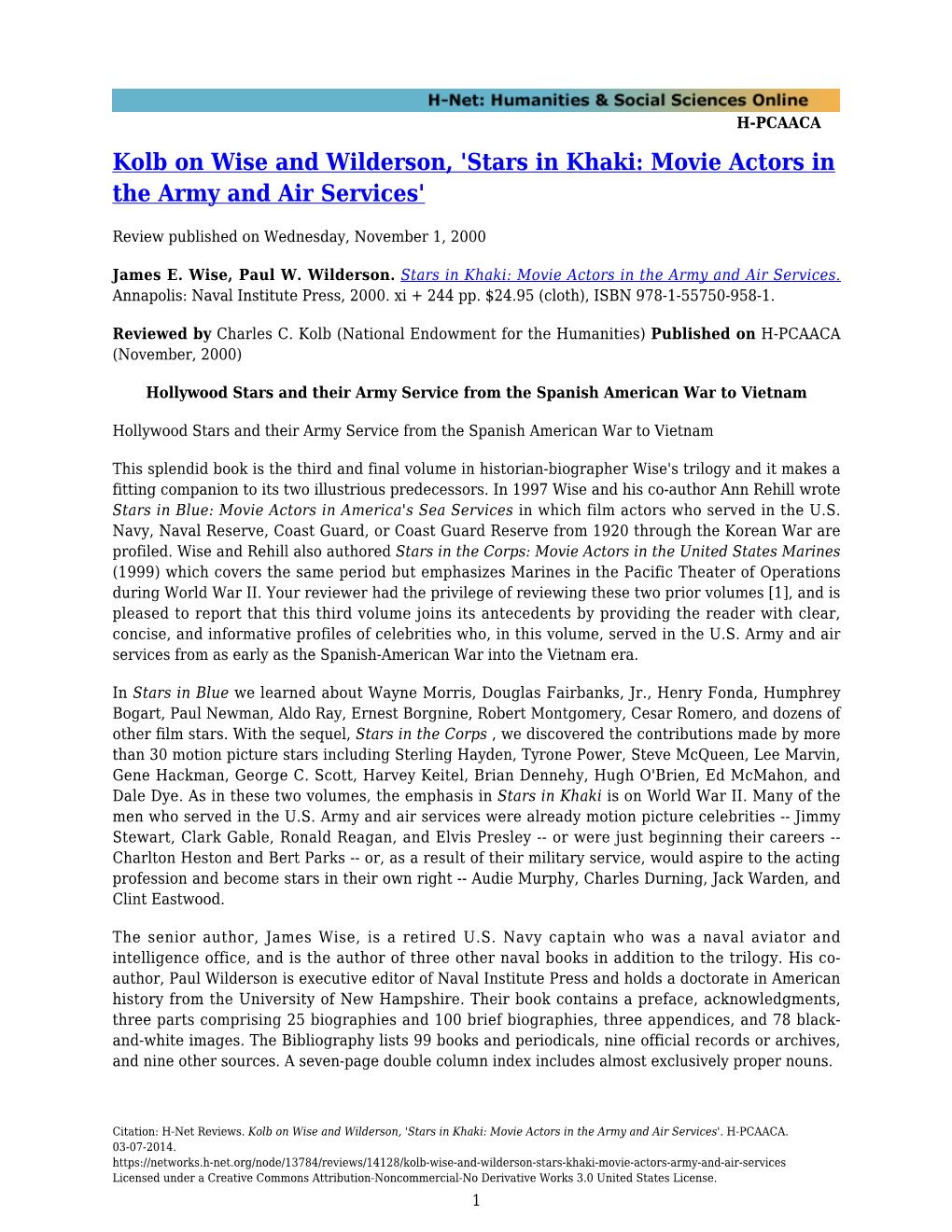 Kolb on Wise and Wilderson, 'Stars in Khaki: Movie Actors in the Army and Air Services'