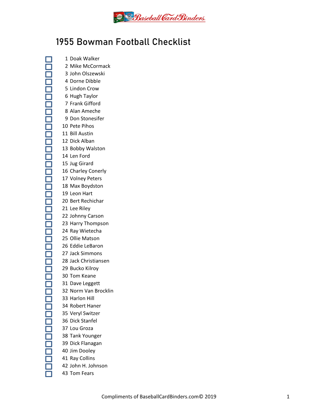 1955 Bowman Football Checklist