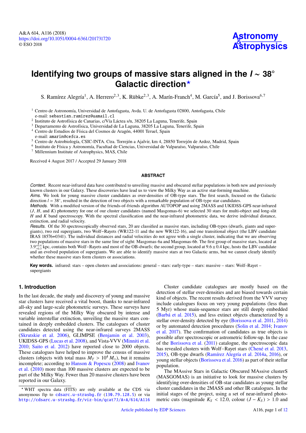 Identifying Two Groups of Massive Stars Aligned in the L ~ 38° Galactic Direction