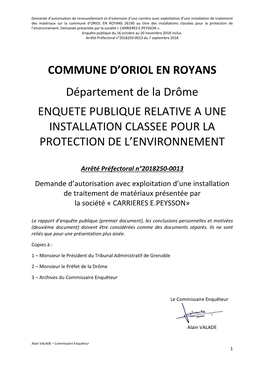 COMMUNE D'oriol EN ROYANS Département De La Drôme