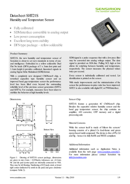Datasheet SHT21S Humidity and Temperature Sensor