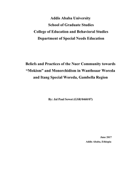 Addis Ababa University School of Graduate Studies College of Education and Behavioral Studies Department of Special Needs Education