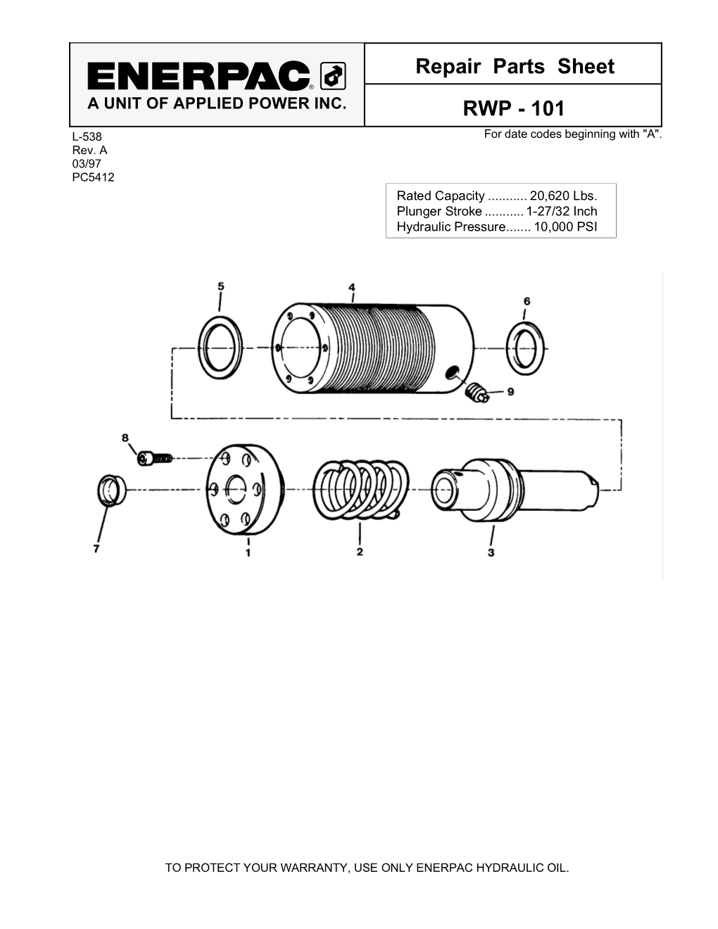 L538 Rev. a 3/97 RWP-101 Parts Sheet