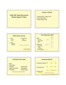 Data Structures Binary Search Trees • Dictionary ADT / Search ADT • Quick Tree Review • Binary Search Trees