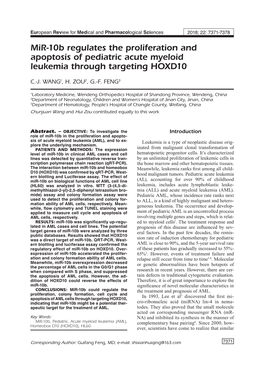 Role of Mir-10B in Pediatric Acute Myeloid Leukemia