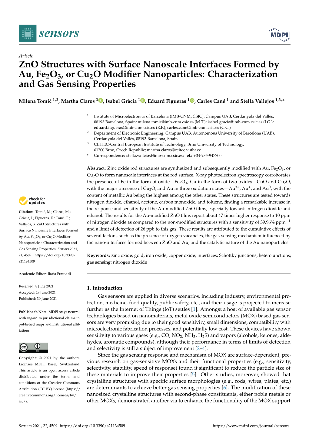 Zno Structures with Surface Nanoscale Interfaces Formed by Au, Fe2o3, Or Cu2o Modiﬁer Nanoparticles: Characterization and Gas Sensing Properties