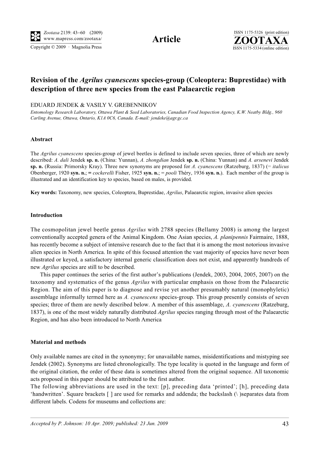 Zootaxa, Revision of the Agrilus Cyanescens