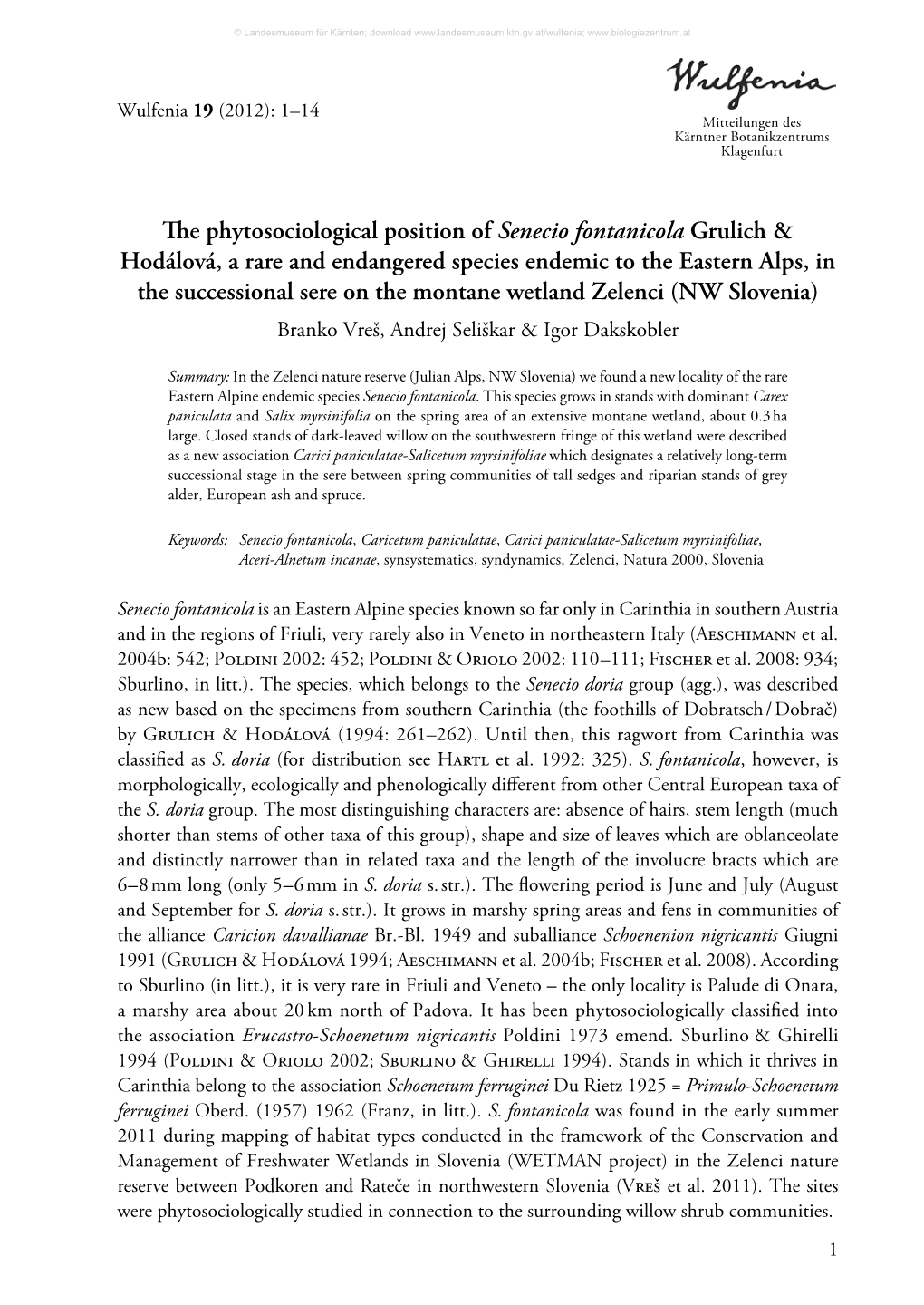 The Phytosociological Position of Senecio Fontanicola Grulich