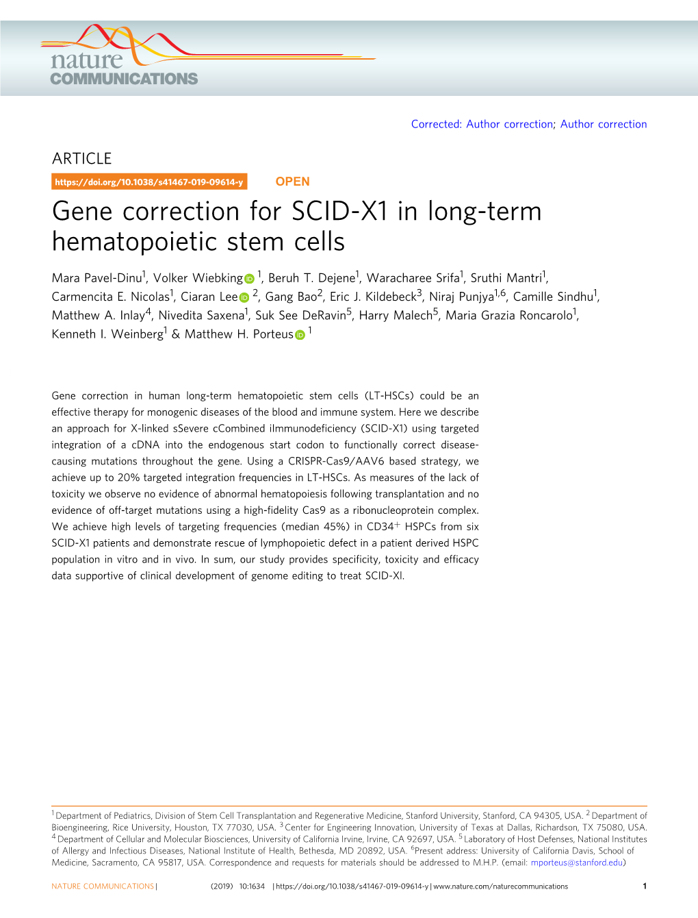 Gene Correction for SCID-X1 in Long-Term Hematopoietic Stem Cells