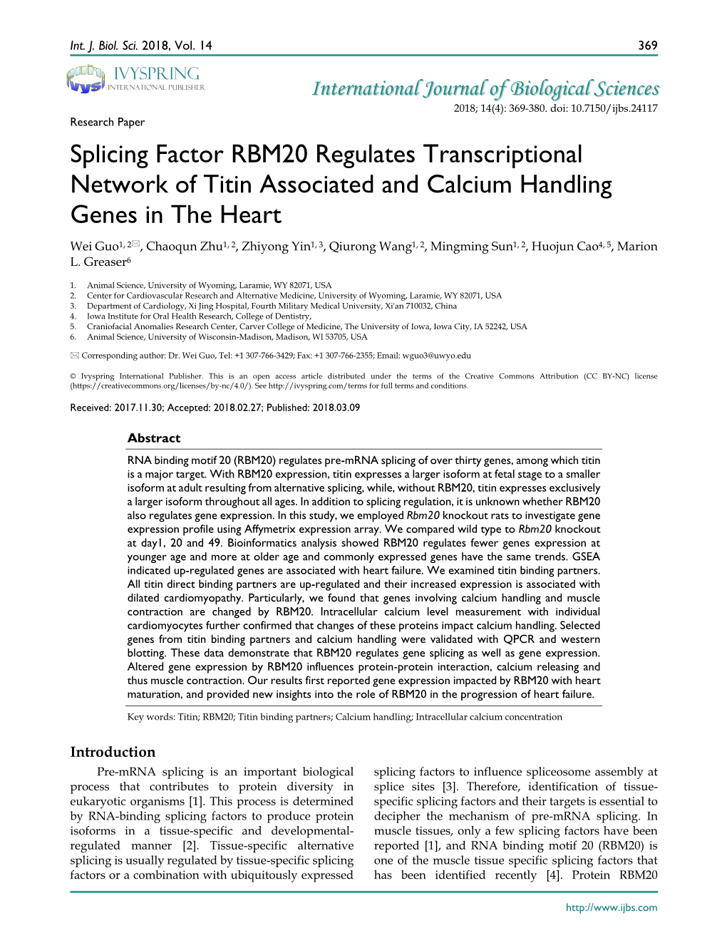 Splicing Factor RBM20 Regulates Transcriptional Network of Titin Associated and Calcium Handling Genes in the Heart