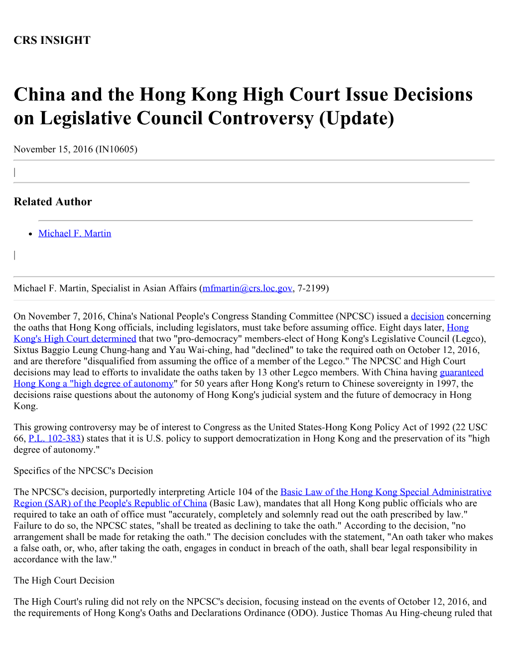 China and the Hong Kong High Court Issue Decisions on Legislative Council Controversy (Update)