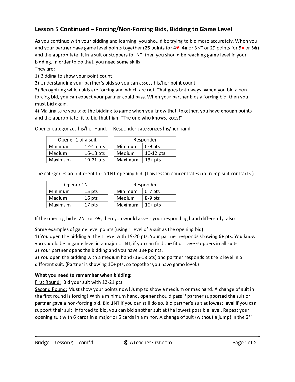 Lesson 5 Continued – Forcing/Non-Forcing Bids, Bidding to Game Level