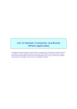 Lists of Member Companies and Brands (Where Applicable)