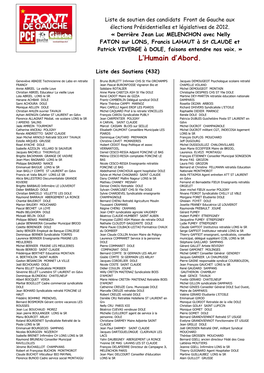 Liste De Soutien Des Candidats Front De Gauche Aux Élections Présidentielles Et Législatives De 2012