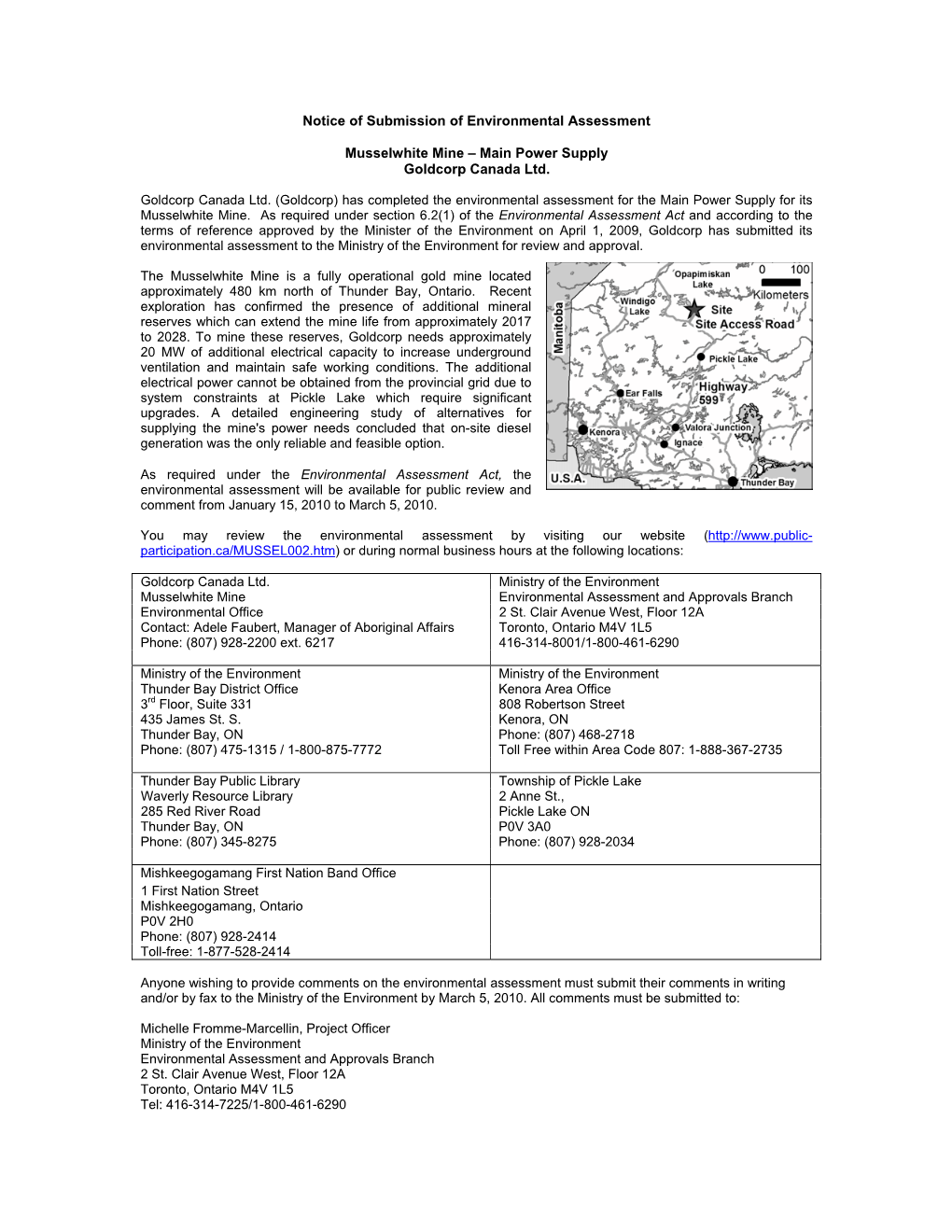 Notice of Submission of Environmental Assessment