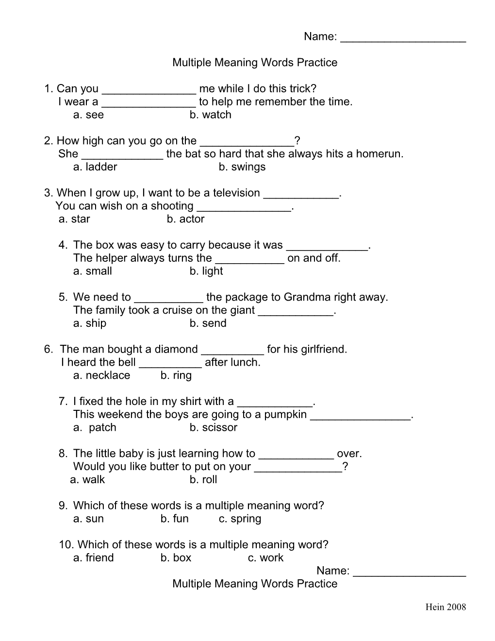 Multiple Meaning Words Practice