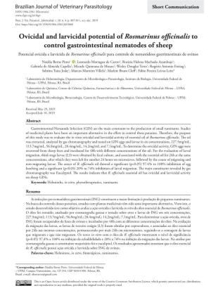Ovicidal and Larvicidal Potential of Rosmarinus Officinalis to Control