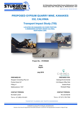 PROPOSED GYPSUM QUARRY MINE, KANAKIES 332, CALVINIA Transport Impact Study (TIS)