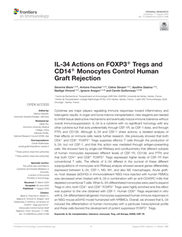 IL-34 Actions on FOXP3+ Tregs and CD14+ Monocytes Control Human Graft Rejection