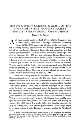 THE PITTSBURGH LEADER's ANALYSIS of the 1890 CRISIS in the HARMONY SOCIETY and ITS INTERNATIONAL REPERCUSSIONS Karlj