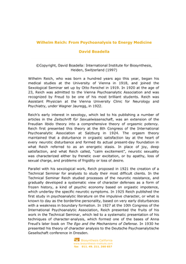 Wilhelm Reich: from Psychoanalysis to Energy Medicine