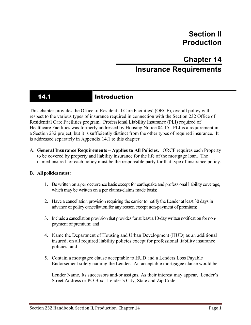 Section II Production Chapter 14 Insurance Requirements