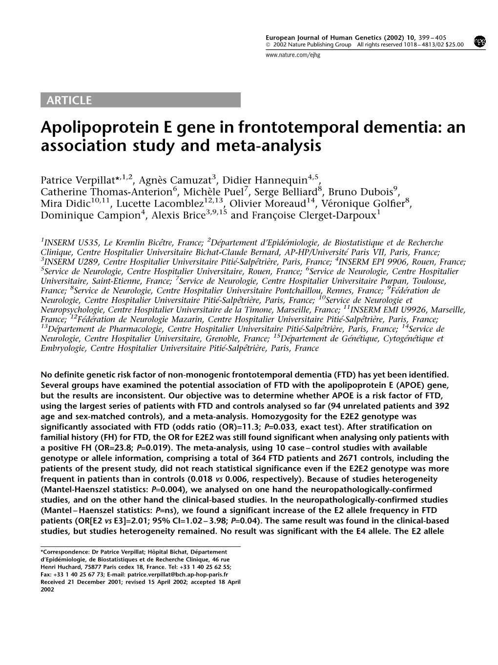 Apolipoprotein E Gene in Frontotemporal Dementia: an Association Study and Meta-Analysis