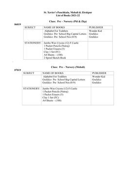 St. Xavier's Panchkula, Mohali & Zirakpur List of Books 2021-22 Class: Pre – Nursery (Pkl & Zkp) 06019 SUBJECT NAME