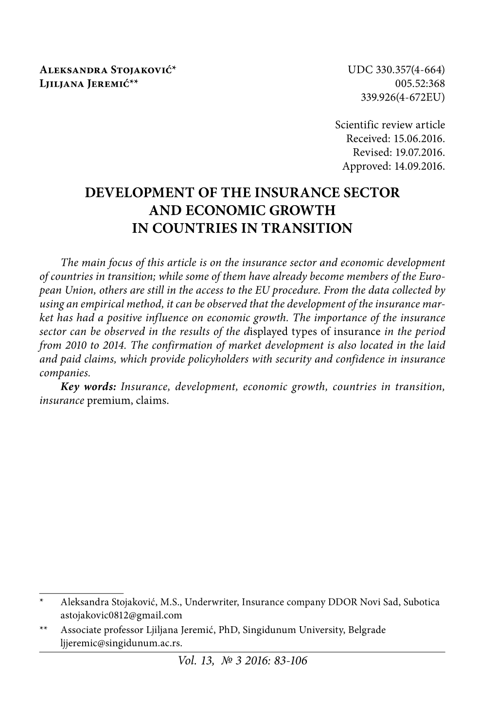 Development of the Insurance Sector and Economic Growth in Countries in Transition
