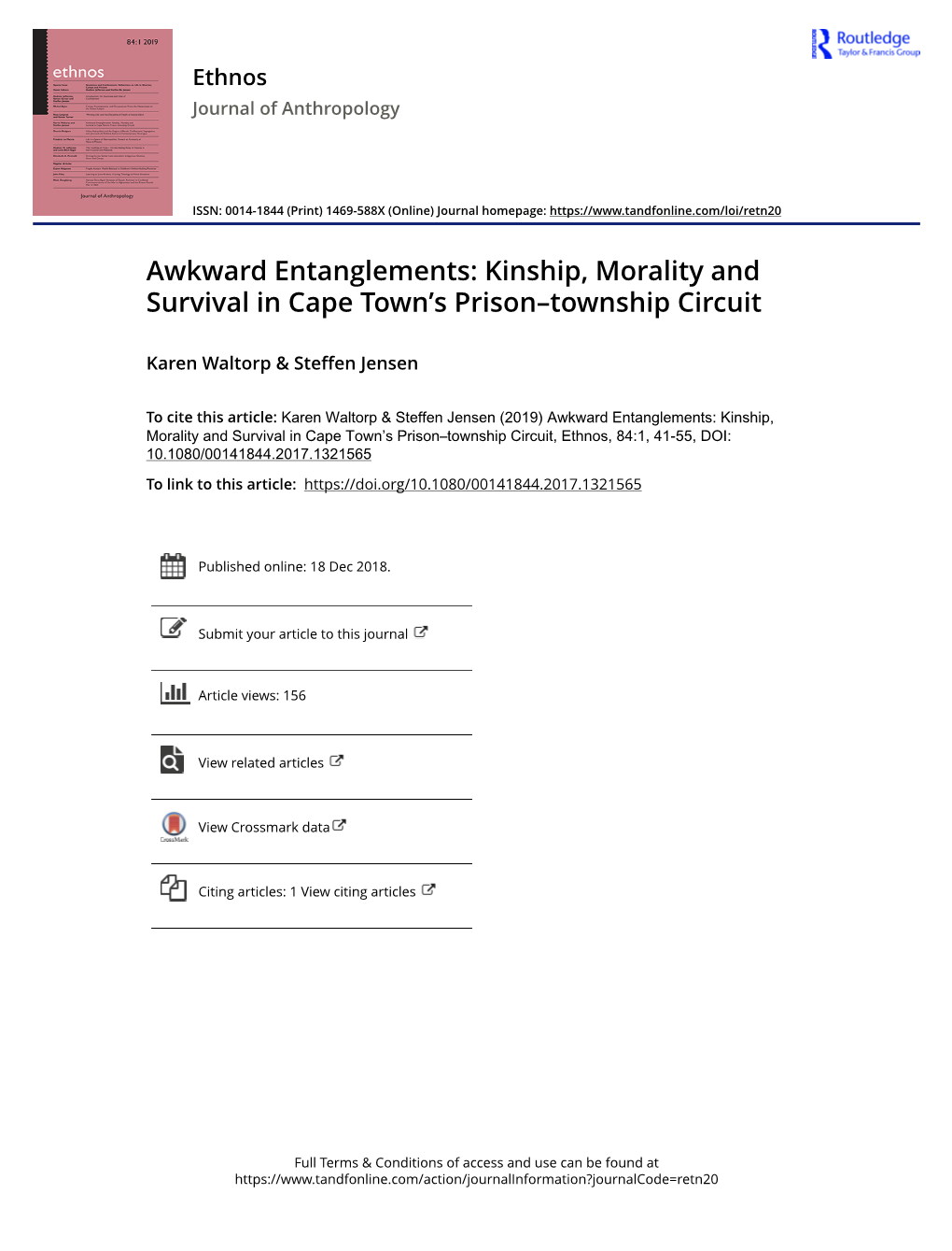 Awkward Entanglements: Kinship, Morality and Survival in Cape Town’S Prison–Township Circuit