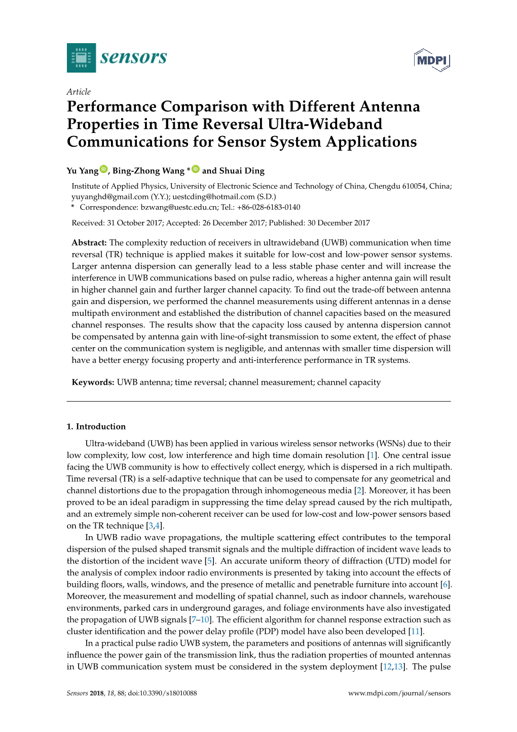 Performance Comparison with Different Antenna Properties in Time Reversal Ultra-Wideband Communications for Sensor System Applications