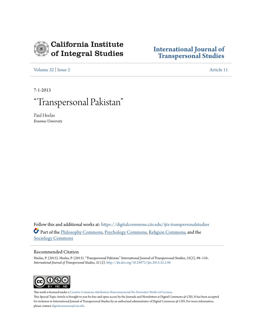 “Transpersonal Pakistan” Paul Heelas Erasmus University