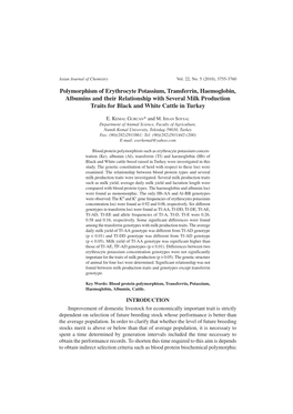 Polymorphism of Erythrocyte Potassium, Transferrin, Haemoglobin, Albumins and Their Relationship with Several Milk Production Tr