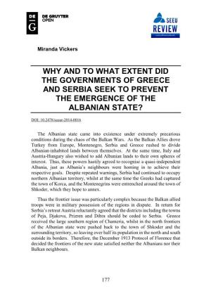 Why and to What Extent Did the Governments of Greece and Serbia Seek to Prevent the Emergence of the Albanian State?
