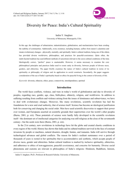 Diversity for Peace: India's Cultural Spirituality