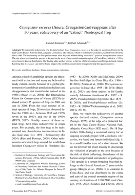 Craugastor Escoces (Anura: Craugastoridae) Reappears After 30 Years: Rediscovery of an “Extinct” Neotropical Frog