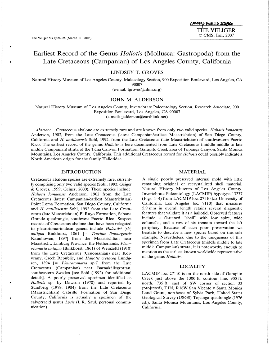 From the Late Cretaceous (Campanian) of Los Angeles County, California LINDSEY T