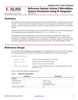 Kintex-7 Microblaze System Simulation Using IP Integrator XAPP1180 (V1.1) July 28, 2015 James Lucero