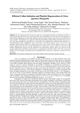 Efficient Callus Initiation and Plantlet Regeneration of Citrus Japonica Margarita