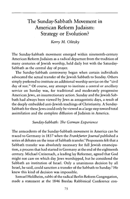 The Sunday-Sabbath Movement in American Reform Judaism: Strategy Or Evolution? Kerry M