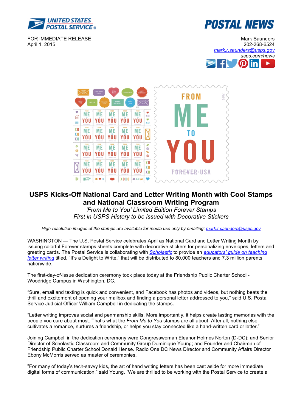 USPS Kicks-Off National Card and Letter Writing Month with Cool