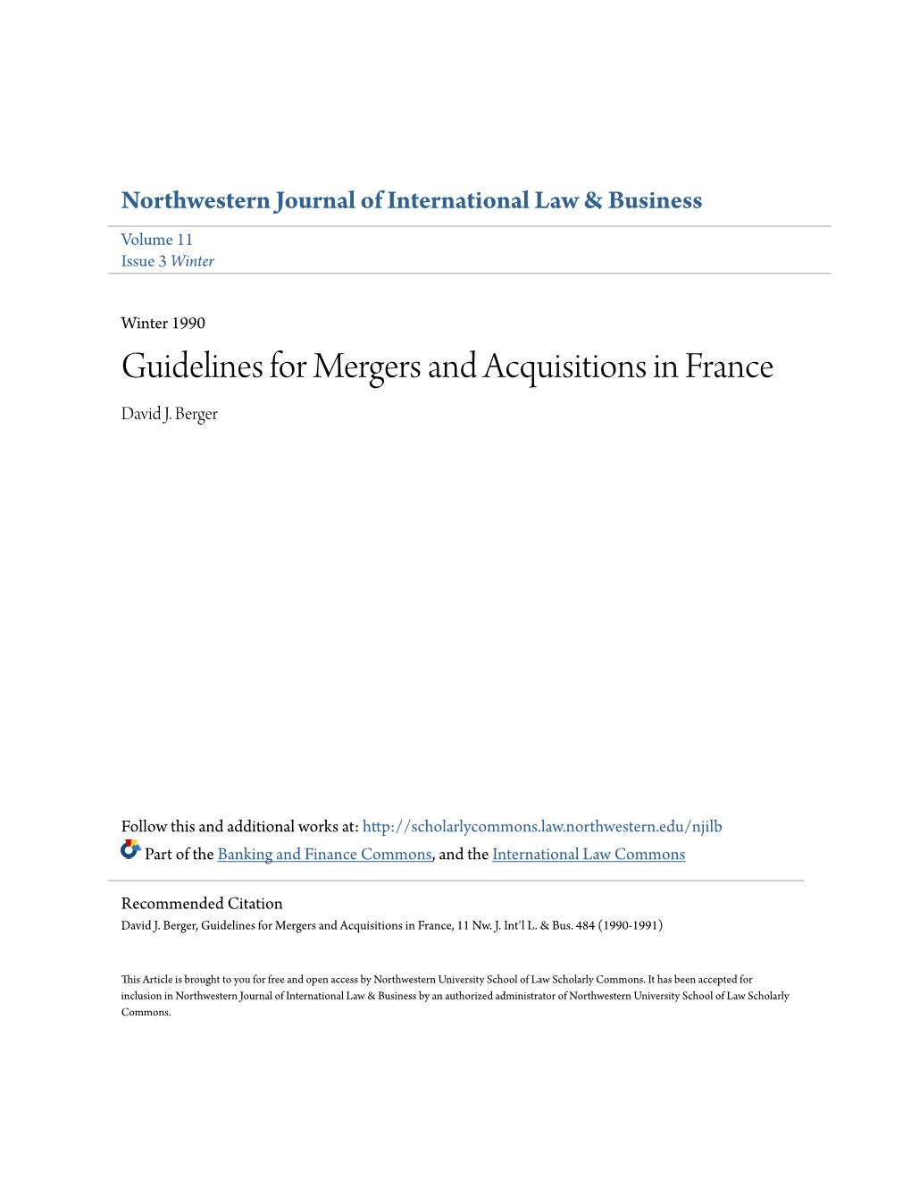 Guidelines for Mergers and Acquisitions in France David J