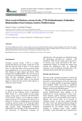 First Record of Diadema Setosum (Leske, 1778) (Echinodermata, Echinoidea, Diadematidae) from Lebanon, Eastern Mediterranean