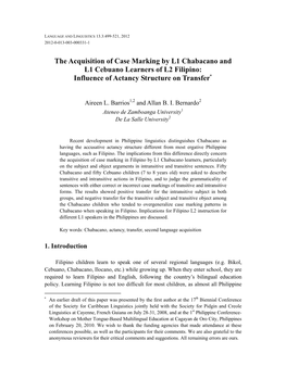 The Acquisition of Case Marking by L1 Chabacano and L1 Cebuano Learners of L2 Filipino: Influence of Actancy Structure on Transfer